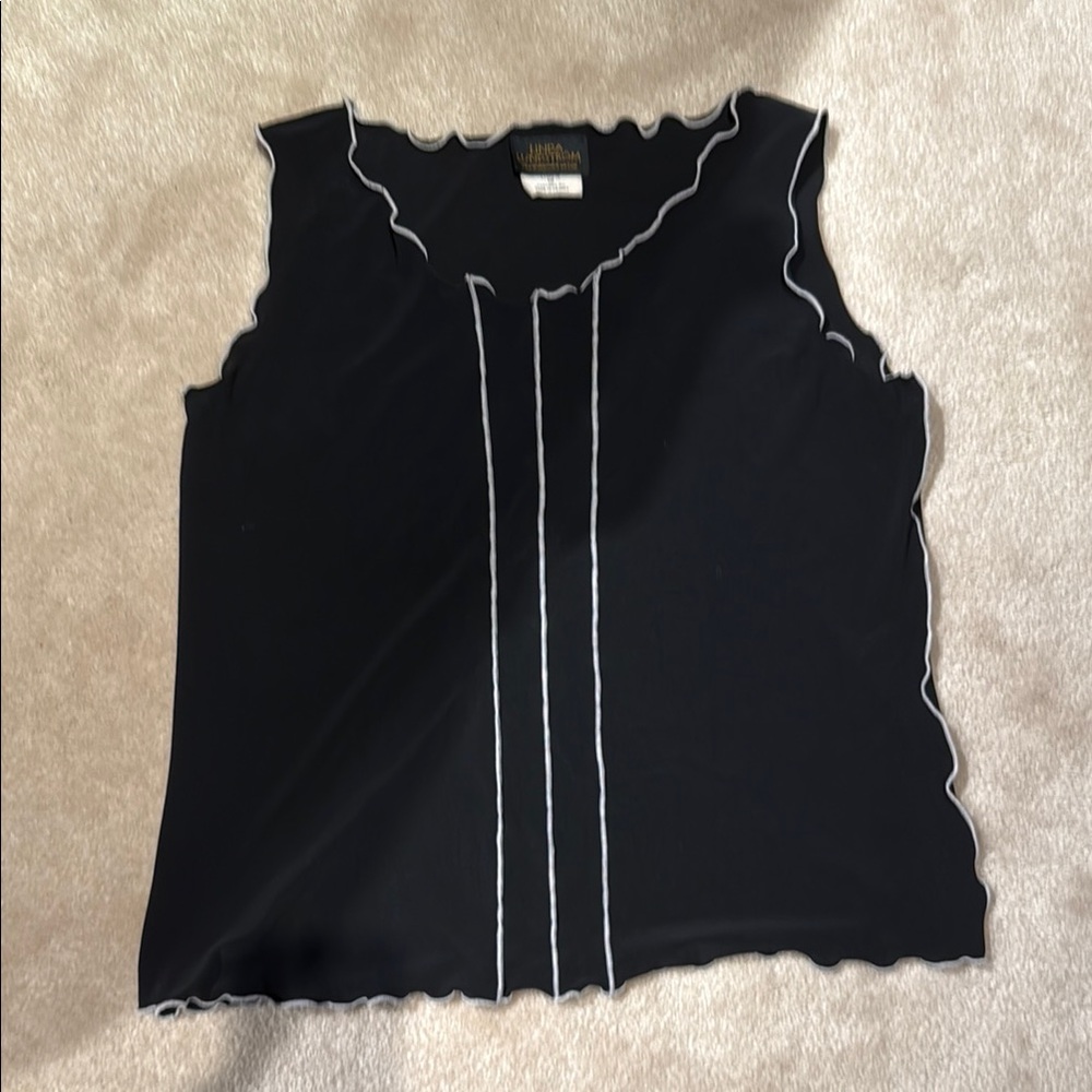 Vintage Linda Lundstrom Black Ruffled Sleeveless Tank Top with piping detail